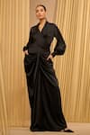 Buy_Tarun Tahiliani_Black Satin Solid Lapel Wrap-around Draped Top _at_Aza_Fashions