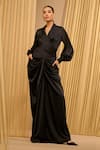 Tarun Tahiliani_Black Satin Solid Lapel Wrap-around Draped Top _Online_at_Aza_Fashions