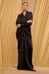 Buy_Tarun Tahiliani_Black Satin Solid Lapel Wrap-around Draped Top 