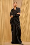 Shop_Tarun Tahiliani_Black Satin Solid Lapel Wrap-around Draped Top 