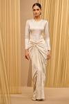 Buy_Tarun Tahiliani_Ivory Foil Jersey Embellished Logo Round Top And Draped Skirt Co-ord Set _at_Aza_Fashions