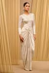 Buy_Tarun Tahiliani_Ivory Foil Jersey Embellished Logo Round Top And Draped Skirt Co-ord Set _Online_at_Aza_Fashions