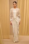 Tarun Tahiliani_Ivory Tulle Hand Embroidered Pearl Stand Collar Cropped Cape _Online_at_Aza_Fashions