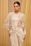 Buy_Tarun Tahiliani_Ivory Tulle Hand Embroidered Pearl Stand Collar Cropped Cape _Online_at_Aza_Fashions