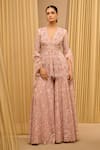 Buy_Tarun Tahiliani_Pink Tulle Hand Embroidered Floral Plunged V Motif Peplum Kurti Sharara Set _at_Aza_Fashions