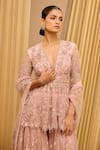 Buy_Tarun Tahiliani_Pink Tulle Hand Embroidered Floral Plunged V Motif Peplum Kurti Sharara Set _Online_at_Aza_Fashions