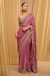 Buy_Tarun Tahiliani_Pink Blouse Silk Dupion Printed Plunged V Saree With Embroidered _at_Aza_Fashions