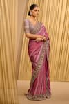 Tarun Tahiliani_Pink Blouse Silk Dupion Printed Plunged V Saree With Embroidered _Online_at_Aza_Fashions