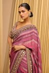 Buy_Tarun Tahiliani_Pink Blouse Silk Dupion Printed Plunged V Saree With Embroidered _Online_at_Aza_Fashions