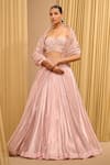 Buy_Tarun Tahiliani_Pink Silk Tissue Hand Embroidered Floral Draped Lehenga And Bustier Set _at_Aza_Fashions