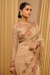 Buy_Tarun Tahiliani_Gold Tulle Hand Embroidered Floral Closed Round Neck Saree With Blouse _Online_at_Aza_Fashions