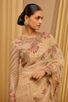 Shop_Tarun Tahiliani_Gold Tulle Hand Embroidered Floral Closed Round Neck Saree With Blouse _Online_at_Aza_Fashions