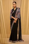 Buy_Tarun Tahiliani_Black Silk Georgette Hand Embroidered Floral V Neck Saree With Cape Blouse _at_Aza_Fashions