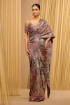 Buy_Tarun Tahiliani_Wine Foil Jersey Printed Plunged Neck Concept Draped Saree With Blouse _at_Aza_Fashions