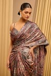 Tarun Tahiliani_Wine Foil Jersey Printed Plunged Neck Concept Draped Saree With Blouse _Online_at_Aza_Fashions