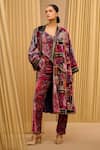 Buy_Tarun Tahiliani_Blue Silk-velvet Printed Floral Corset Plunged Long Jacket And Trouser Co-ord Set _at_Aza_Fashions