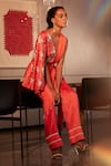 Babita Malkani_Coral Silk Embellished Pearl V Neck Crystal Draped Jacket Set _Online_at_Aza_Fashions