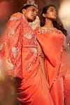 Shop_Babita Malkani_Coral Silk Embellished Pearl V Neck Crystal Draped Jacket Set _Online_at_Aza_Fashions