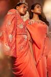 Babita Malkani_Coral Silk Embellished 3d Applique Colorblock Neckline Top And Pant Set _Online_at_Aza_Fashions