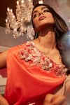 Buy_Babita Malkani_Coral Silk Embellished 3d Applique Colorblock Neckline Top And Pant Set _Online_at_Aza_Fashions