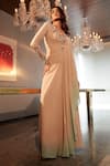 Buy_Babita Malkani_Beige Crepe Embroidery Crystal V Neck Neckline Ombre Draped Dress _at_Aza_Fashions