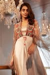 Babita Malkani_Beige Silk Embroidery Cutdana Collar Cowl Dress With Swan Jacket _Online_at_Aza_Fashions