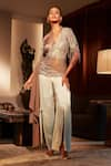 Buy_Babita Malkani_Brown Silk Embroidery Cutdana Collar Swan Top And Flared Pant Set _at_Aza_Fashions