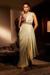 Buy_Babita Malkani_Green Silk Embroidery Cutdana Halter Colorblock Draped Saree Gown With Belt _at_Aza_Fashions