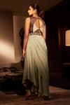 Shop_Babita Malkani_Green Silk Embroidery Cutdana Halter Colorblock Draped Saree Gown With Belt _at_Aza_Fashions