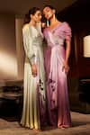 Babita Malkani_Purple Silk Organza Embellished Bead V Neck Crystal Draped Jumpsuit _Online_at_Aza_Fashions