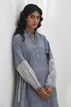 Shop_Payal Pratap_Blue Chambray Cotton Print Stripe Band Collar Monza Handloom Patchwork Dress _Online_at_Aza_Fashions