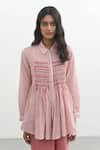 Buy_Payal Pratap_Pink Handloom Cotton Stripe Collared Neck Makrinitsa Smocked Top _Online_at_Aza_Fashions