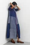 Buy_Payal Pratap_Blue Handloom Cotton Placement Stripe Collared Aglia Front Open Tiered Dress _Online_at_Aza_Fashions