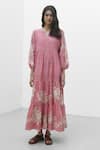 Buy_Payal Pratap_Pink Chambray Cotton Placement Embroidery Rose Notched Neck Agios Dress _at_Aza_Fashions