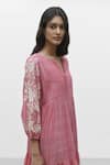 Payal Pratap_Pink Chambray Cotton Placement Embroidery Rose Notched Neck Agios Dress _Online_at_Aza_Fashions