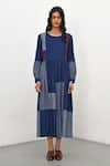 Payal Pratap_Blue Handloom Cotton Placement Stripe Round Neck Bario Patchwork Dress _Online_at_Aza_Fashions