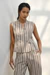 Buy_Payal Pratap_Beige Handloom Linen Stripe V Neck Elatos Waistcoat _Online_at_Aza_Fashions