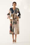 Buy_Ofrida_Multi Color Cotton V-neck Wallflower Abstract Hand Painted Gathered Dress _at_Aza_Fashions