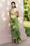 Buy_Studio Radical_Green Top Silk Satin Printed Floral V Neck Cutwork And Skirt Set _at_Aza_Fashions