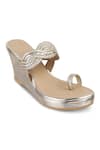 Crimzon_Gold Nazakat Basketweave Swerve Strap Kolhapuri Wedges _Online_at_Aza_Fashions