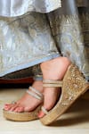 Buy_Crimzon_Gold Shaiza Sequin Bloom Embroidered Kolhapuri Wedges _at_Aza_Fashions