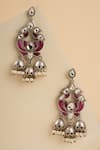 Shop_Curio Cottage_Silver Plated Semi Precious Stones Lotus Trio Jhumkis _at_Aza_Fashions