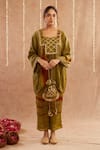 Buy_Label Muslin_Green Satin Silk Embellished Fringe Detailed Asymmetric Kurta Set With Potli _at_Aza_Fashions