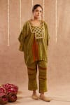 Shop_Label Muslin_Green Satin Silk Embellished Fringe Detailed Asymmetric Kurta Set With Potli _Online_at_Aza_Fashions