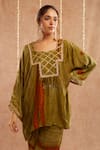 Buy_Label Muslin_Green Satin Silk Embellished Fringe Detailed Asymmetric Kurta Set With Potli 