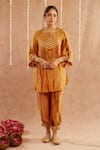 Buy_Label Muslin_Yellow Satin Silk Embellished Fringe Round Lace Detailed Kurta With Pant _at_Aza_Fashions