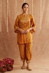 Buy_Label Muslin_Yellow Satin Silk Embellished Fringe Round Lace Detailed Kurta With Pant _Online_at_Aza_Fashions