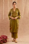 Buy_Label Muslin_Green Satin Silk Embellished Coin Band Collar Mahtab Detailed Kurta Pant Set _at_Aza_Fashions