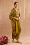 Buy_Label Muslin_Green Satin Silk Embellished Coin Band Collar Mahtab Detailed Kurta Pant Set _Online_at_Aza_Fashions