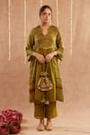 Shop_Label Muslin_Green Satin Silk Embellished Coin Band Collar Mahtab Detailed Kurta Pant Set _Online_at_Aza_Fashions